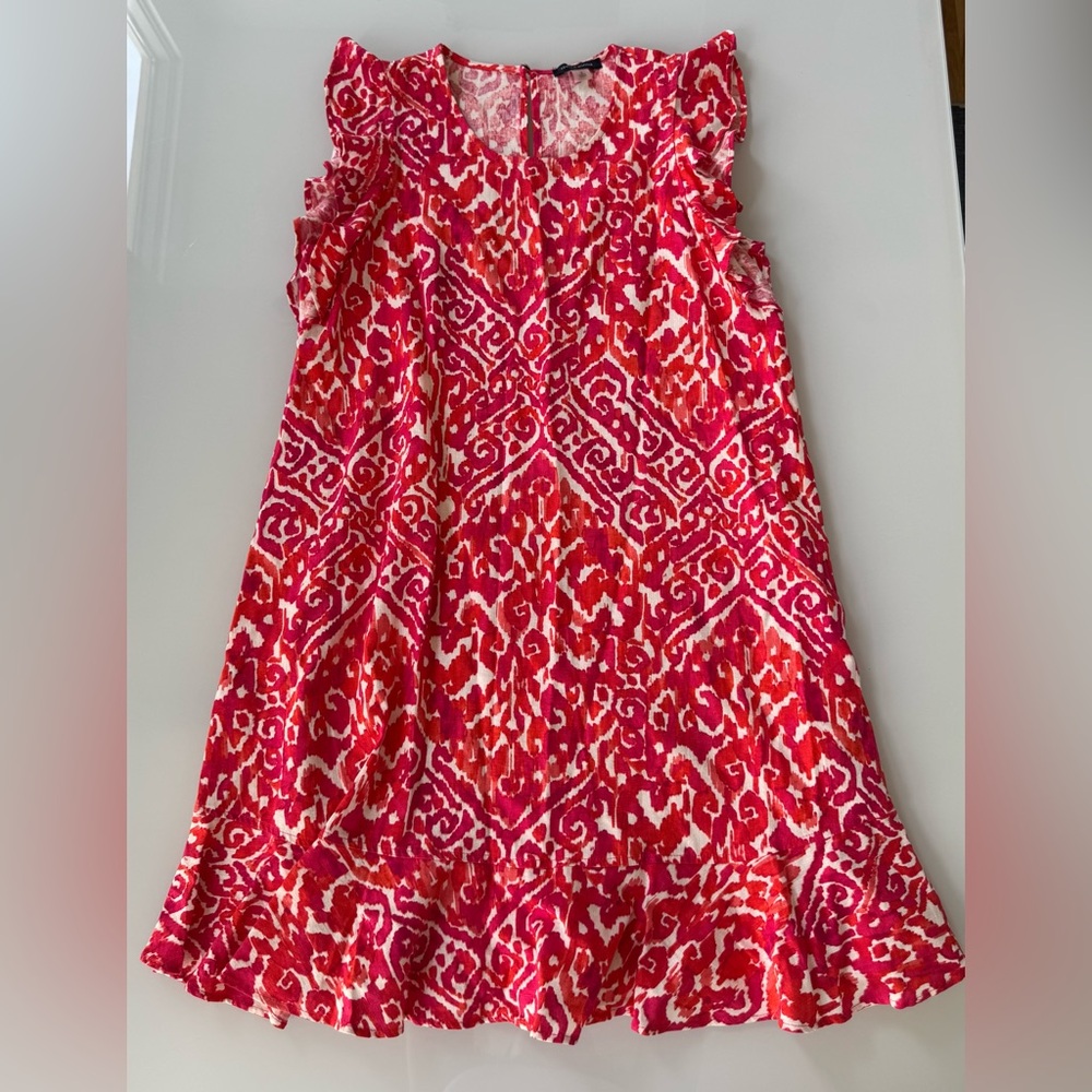 Tommy Hilfiger Red & Pink Print Linen Blend Ruffle Hem Dress Size 6